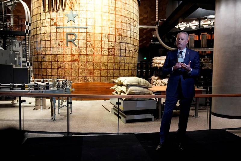 Starbucks CEO Kevin Johnson attends a press conference at the new Starbucks Reserve Roastery in Shanghai. Aly Song / Reuters