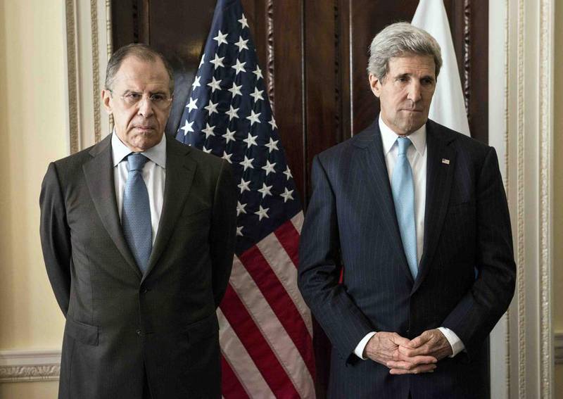 The US secretary of state, John Kerry, right, and Russia’s foreign minister, Sergei Lavrov, in London to discuss the crisis in Ukraine. Brendan Smialowski / Reuters / March 14, 2014