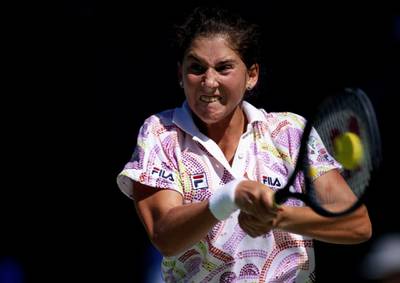 Monica Seles makes a double hand return against Steffi Graf during the Women's Singles final match on 30th January 1993 at the Australian Open Tennis Championship in Flinders Park in Melbourne, Australia. (Photo by Simon Bruty/Getty Images)