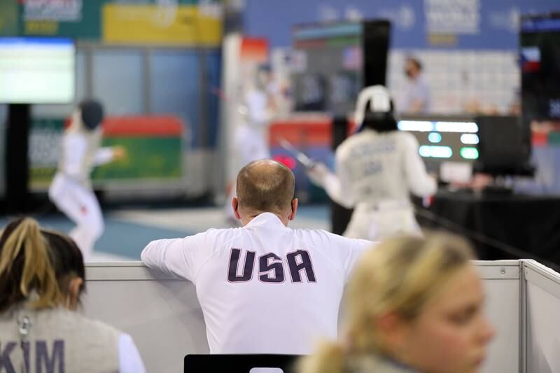 The USA compete against Japan in the junior women's team foil.