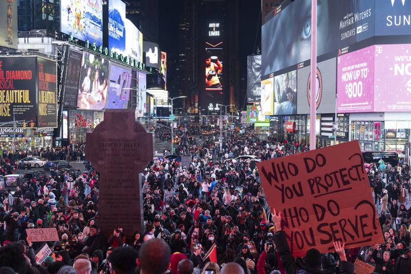 Demonstrators protest in New York's Times Square following the death of Tyre Nichols, who died after being beaten by Memphis police during a traffic stop. AP Photo