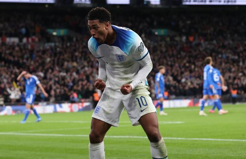 Jude Bellingham celebrates after Marcus Rashford scored for England in the Euro 2024 qualifying win over Italy at Wembley Stadium on October 17, 2023. EPA