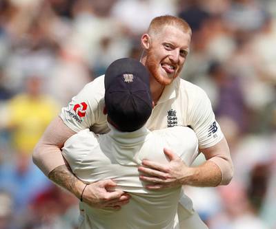 England's Ben Stokes celebrates the wicket of India's Hardik Pandya with teammates. Reuters