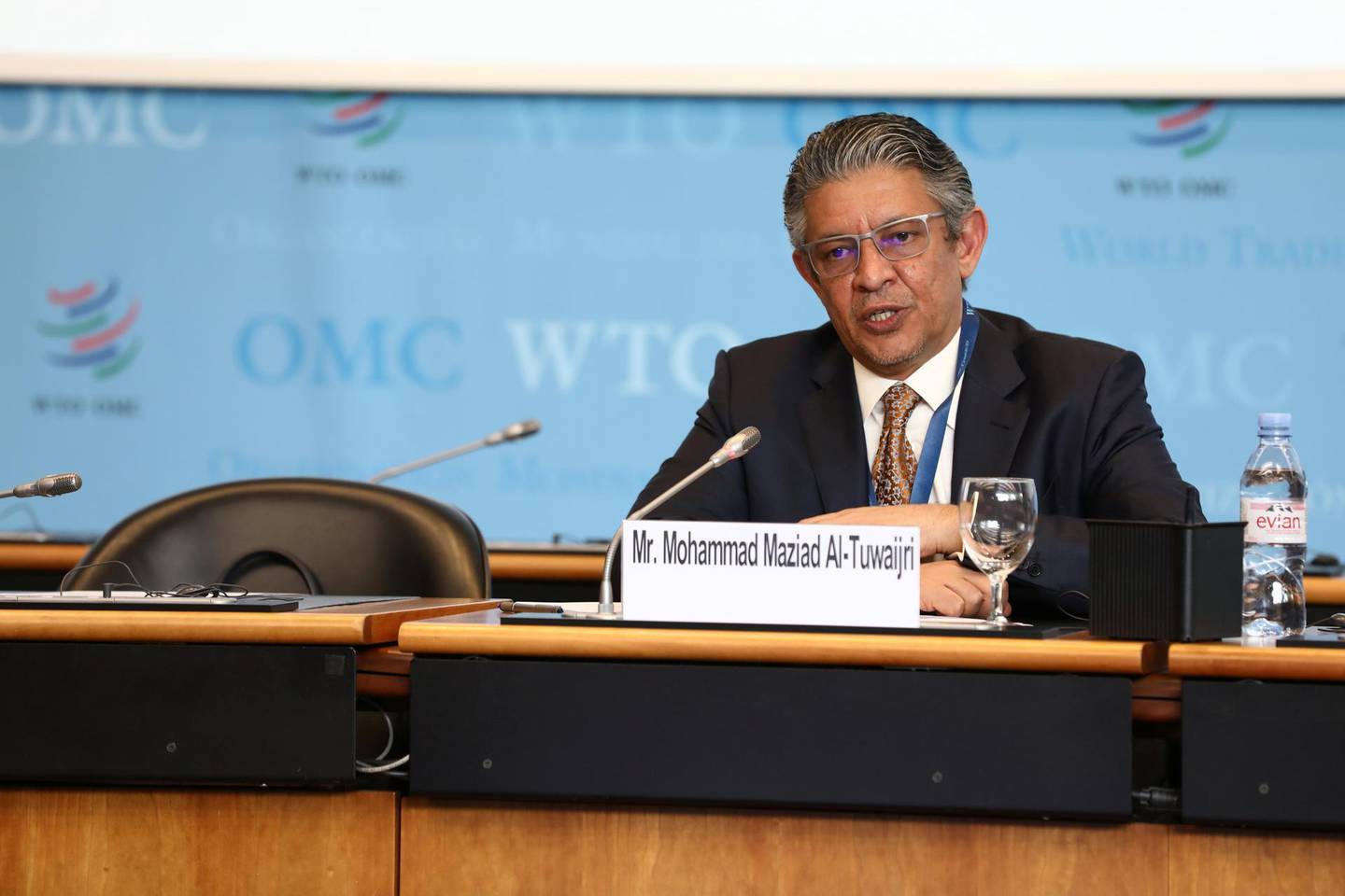 Saudi Arabia's candidate for General Director of the World Trade Organization (WTO) Mohammad Maziad Al-Tuwaijri attends the General Council meeting during the WTO Director General election process, as the spread of the coronavirus disease (COVID-19) continues, in Geneva, Switzerland July 17, 2020. WTO/Jay Louvion/Handout via REUTERS THIS IMAGE HAS BEEN SUPPLIED BY A THIRD PARTY. NO RESALES. NO ARCHIVES. MANDATORY CREDIT.