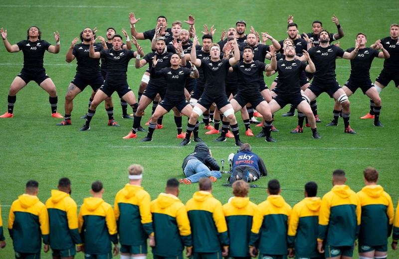 New Zealand players perform the haka before the start of the Bledisloe Cup rugby union match between New Zealand and Australia in Wellington. AFP