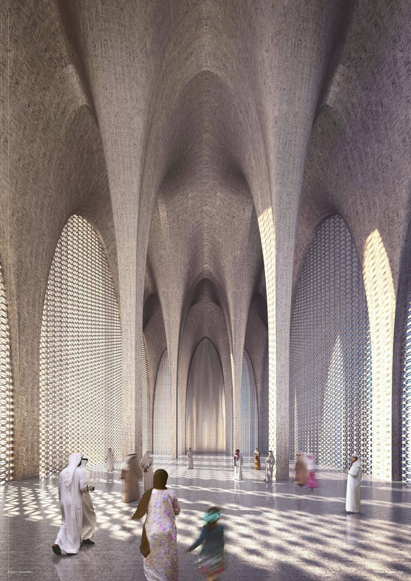 A rendering of the finished interior of the Imam Al Tayeb Mosque, part of the Abrahamic Family House, on Saadiyat Island, Abu Dhabi. Photo: Adjaye Associates