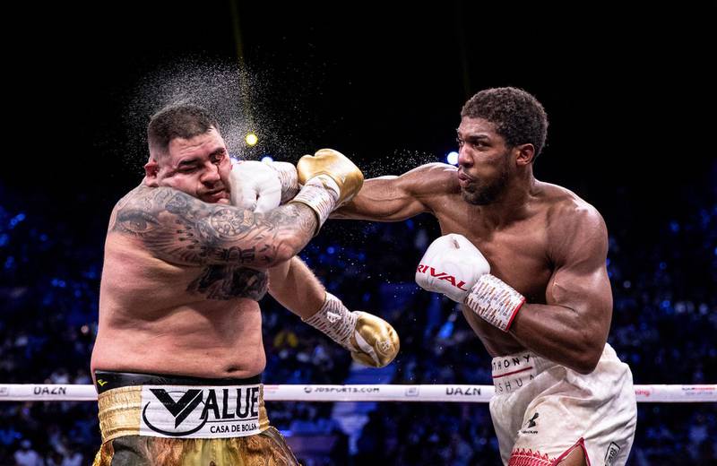 Anthony Joshua lands a  big right on Andy Ruiz Jr during the British fighter's comprehensive victory in the heavyweight world title rematch in Saudi Arabia in December 2019. Getty
