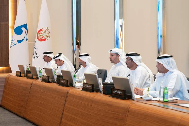 ABU DHABI, UNITED ARAB EMIRATES - November 04, 2019: (R-L) HE Suhail Faris Ghanem Al Mazrouei, HE Abdulla Nasser Al Suwaidi, Chairman of the Board of Management (FANR), HE Khaldoon Khalifa Al Mubarak, CEO and Managing Director Mubadala, Chairman of the Abu Dhabi Executive Affairs Authority and Abu Dhabi Executive Council Member, HE Suhail bin Mohamed Faraj Faris Al Mazrouei, UAE Minister of Energy, HE Hamad Mubarak Al Shamsi, Secretary General of the Supreme Petroleum Council and HH Sheikh Hamed bin Zayed Al Nahyan, Chairman of the Crown Prince Court of Abu Dhabi and Abu Dhabi Executive Council Member, attend a Supreme Petroleum Council meeting at the Abu Dhabi National Oil Company (ADNOC) Headquarters.

( Mohamed Al Hammadi / Ministry of Presidential Affairs )
---