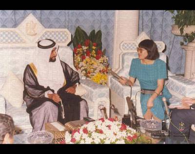 Sheikh Zayed is interviewed during his visit to China in 1990. In May, he embarked on a 17-day tour of Asia, going on to visit Japan and Indonesia. Courtesy National Archives
