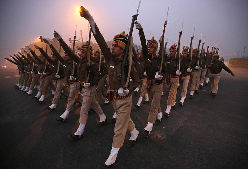 Paramilitary soldiers in New Delhi are seen rehearsing for India’s Republic Day parade. Rajat Gupta / EPA