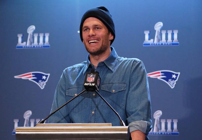 A more casual Brady at the Super Bowl Media Centre at the World Congress Centre in Atlanta, Georgia, on January 31, 2019. AFP