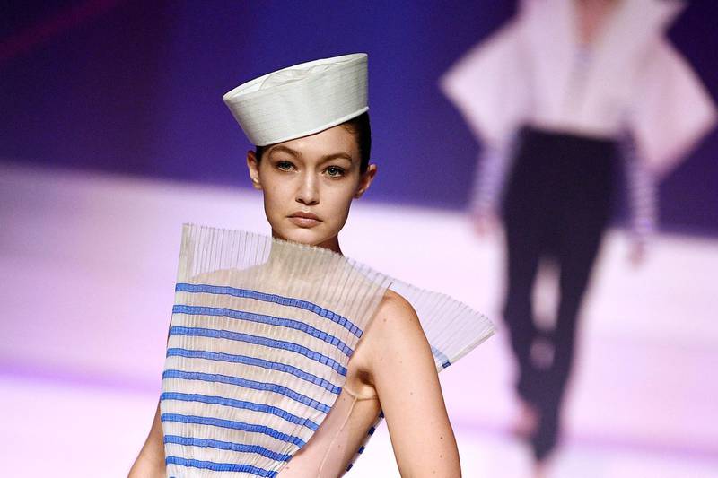 US model Gigi Hadid presents a classic Jean Paul Gaultier sailor look during the Women's Spring / Summer 2020 Haute Couture show in Paris, on January 22, 2020.  AFP