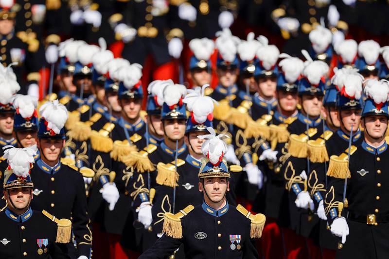 Students of the special military school of Saint-Cyr take part in the annual Bastille Day military parade. Reuters