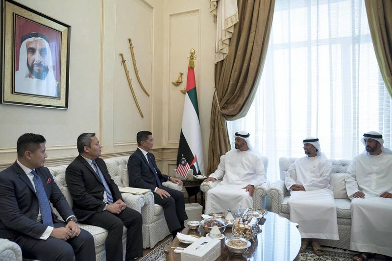 ABU DHABI, UNITED ARAB EMIRATES - September 09, 2019: HH Sheikh Mohamed bin Zayed Al Nahyan, Crown Prince of Abu Dhabi and Deputy Supreme Commander of the UAE Armed Forces (3rd R), meets with Dato' Seri Mohamed Azmin bin Ali, Minister of Economic Affairs of Malaysia (4th R), during a Sea Palace barza. Seen with HE Mohamed Mubarak Al Mazrouei, Undersecretary of the Crown Prince Court of Abu Dhabi (R) and HE Suhail bin Mohamed Faraj Faris Al Mazrouei, UAE Minister of Energy (2nd R).

( Hamad Al Kaabi / Ministry of Presidential Affairs )​
---
