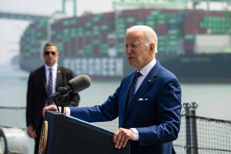 Mr Biden gives one of many speeches made throughout the year on inflation at the Port of Los Angeles in California. AFP