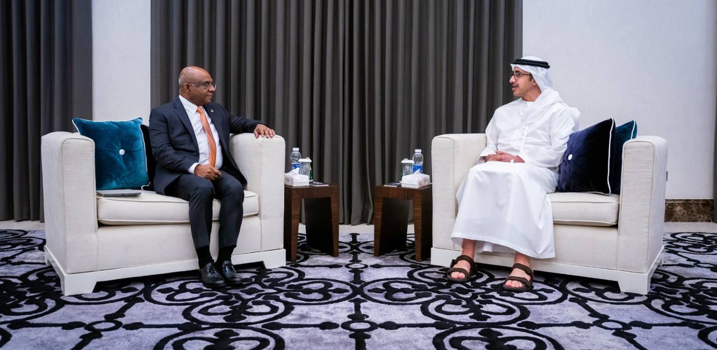 Sheikh Abdullah bin Zayed, Minister of Foreign Affairs and International Co-operation, held talks with Abdulla Shahid, Minister of Foreign Affairs for the Maldives, in Abu Dhabi. Photo: Wam