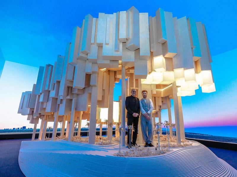 Abu Dhabi, UAE,  April 17, 2018.  CITYSCAPE Abu Dhabi 2018.  (R-L) Architect Thomas Heatherwick and Walid El Hindi, CEO of Imkan. Victor Besa / The NationalNationalReporter:  Sarah Townsend