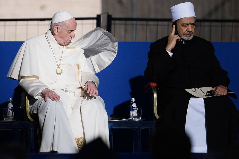 Pope Francis and Egyptian Islamic scholar and the current Grand Imam of al-Azhar mosque, Sheikh Ahmed Al-Tayeb attend a Prayer and Meeting for Peace, promoted by the Community of Sant’Egidio in Rome. AFP