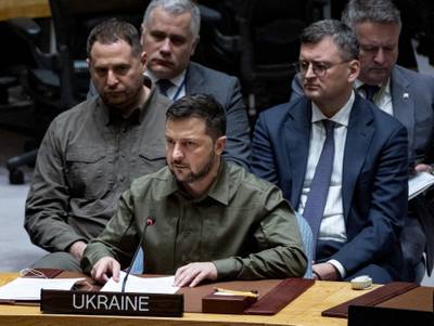 Ukrainian President Volodymyr Zelenskyy addresses a Security Council meeting during the 78th UN General Assembly in New York. AP