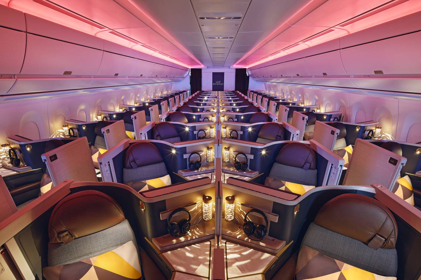 Etihad's new A350-100 has a dynamic LED lighting system with more than 16 million colours. Photo: Etihad