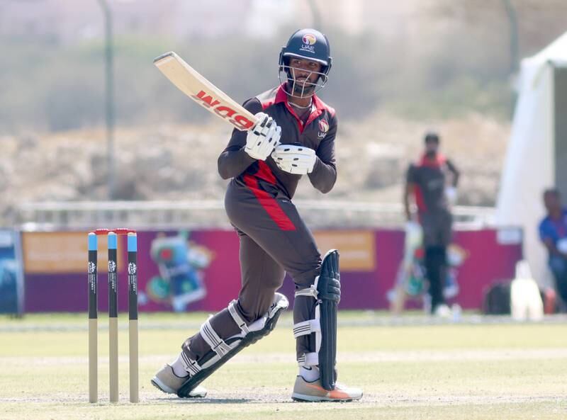 Vriitya Aravind of the UAE during the T20 World Cup Qualifiers against Bahrain at the Oman Cricket Academy Ground in Muscat on February 21, 2022. All photos Subas Humagain for The National
