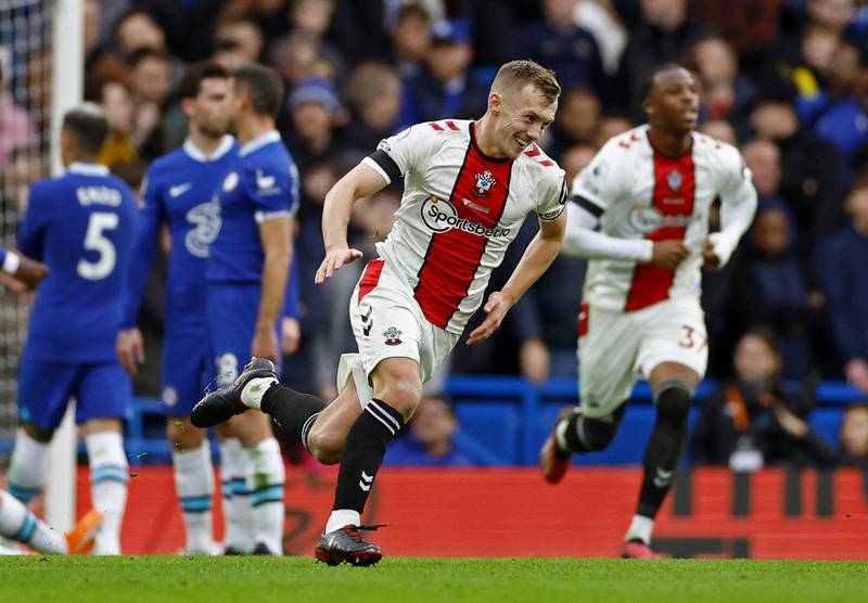 Southampton's James Ward-Prowse celebrates scoring in the 1-0 Premier League win against Chelsea at Stamford Bridge on February 18, 2023. Action Images