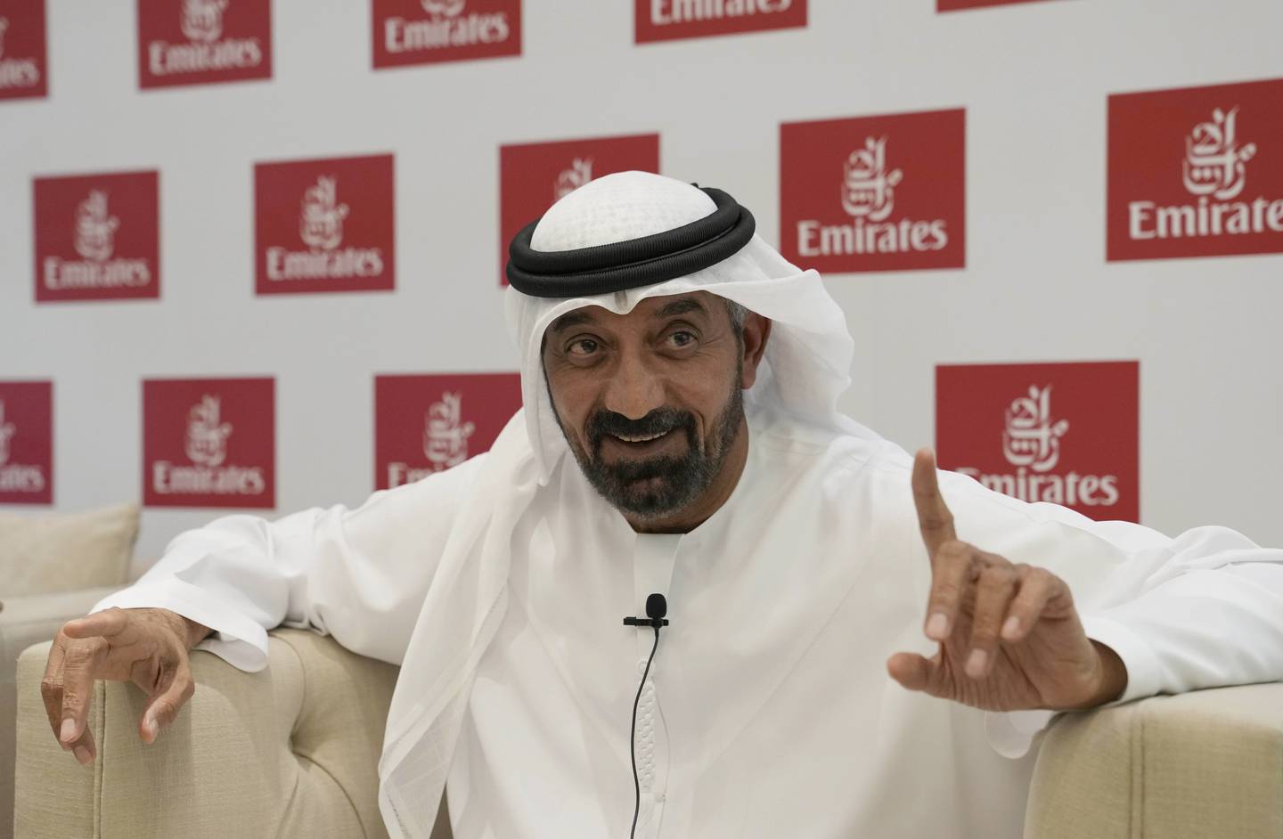 Sheikh Ahmed bin Saeed, chairman and chief executive of Emirates Airline speaks with reporters at the Arabian Travel Market in Dubai on Tuesday, May 10, 2022. AP