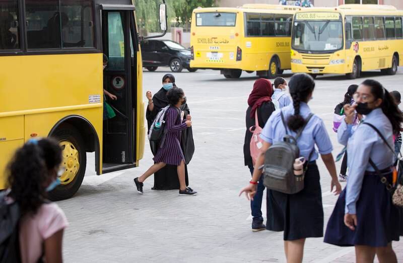 Pupils arriving on the first day of in-person learning at the Indian High School in Oud Metha, Dubai. Close to 95 per cent of these pupils were returning to in-person schooling for the first time in 18 months.