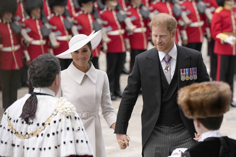 Prince Harry and Meghan Markle, Duke and Duchess of Sussex arrive for the service of thanksgiving. AP
