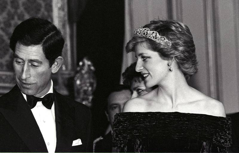 Princess Diana, in an off-shoulder gown, and Prince Charles at the Ajuda palace in Lisbon, Portugal, on February 12, 1986. Reuters