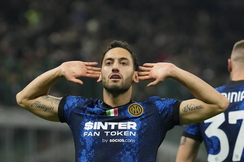 Inter Milan's Hakan Calhanoglu celebrates after scoring from the penalty spot  in the 1-1 draw against AC Milan. AP