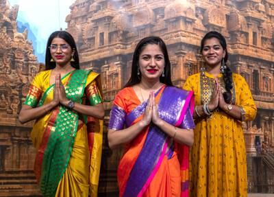 Pooja Singh, Nilam ghorpade and Monika Sharma during Diwali celebrations at the India pavilion at Expo 2020 Dubai. Victor Besa/The National