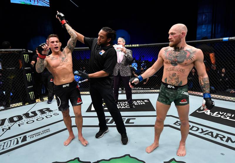 Jan 23, 2021; Abu Dhabi, United Arab Emirates; Dustin Poirier reacts after his knockout victory over Conor McGregor of Ireland in a lightweight fight during the UFC 257 event inside Etihad Arena on UFC Fight Island.  Mandatory Credit: Jeff Bottari/Handout Photo via USA TODAY Sports