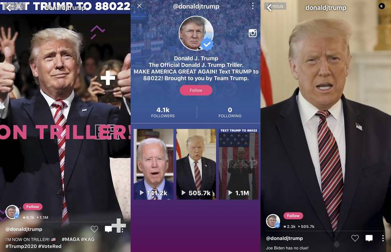 Trump’s Triller account has 4,100 followers and his first video has received more than a million views. The channel has three short videos, two of which criticise Trump’s opponent for the presidency, Joe Biden. @donaldjtrump / Triller