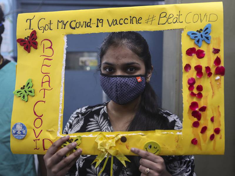 An Indian teenager after receiving a Covaxin inoculation in Hyderabad. India is experiencing a rapid rise in coronavirus infections, particularly in the country's densely populated cities.  AP Photo