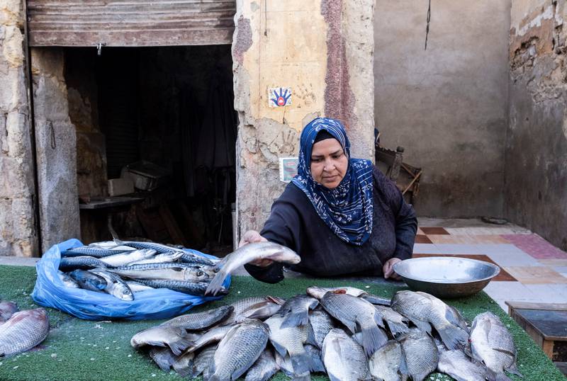 Om Omar sells Nile tilapia fish at the Sayeda Zainab fish market during Ramadan in Cairo
