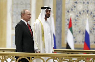 ABU DHABI , UNITED ARAB EMIRATES , October 15  – 2019 :- Sheikh Mohammed bin Zayed Al Nahyan, Crown Prince of Abu Dhabi and Vladimir Putin, President of Russia during the national anthem at the Presidential Palace in Abu Dhabi.  ( Pawan Singh / The National )  For News. Story by John