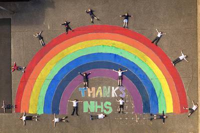 he children of keyworkers at Sheringham Primary School, Norfolk created this huge rainbow for the NHS on their playground. Some of the children's parents are nurses who have been working on the Covid ward at the Norfolk & Norwich University Hospital by CHRIS TAYLOR