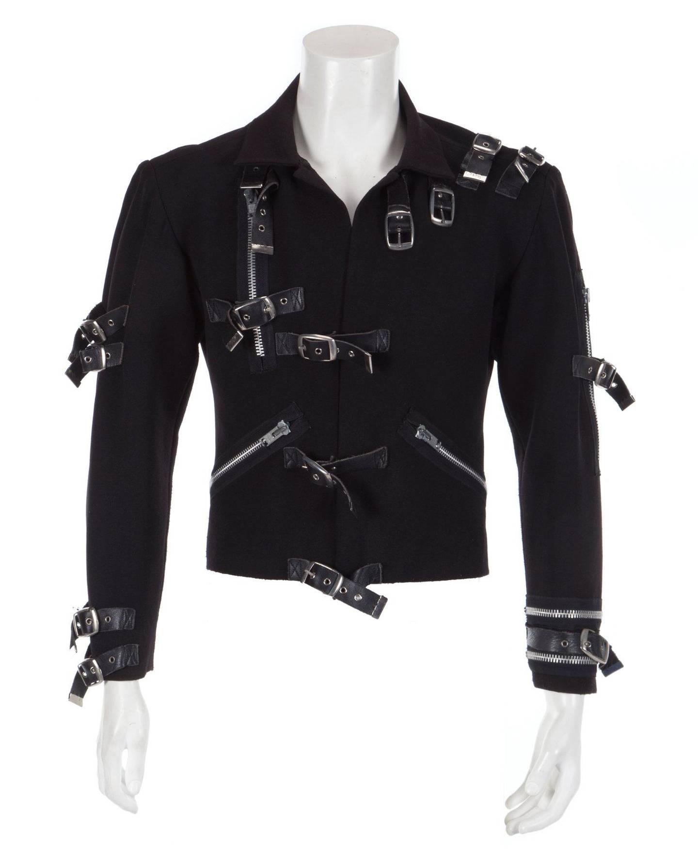 A black synthetic-blend jacket Michael Jackson wore on his 1989 Bad World Tour is pictured in this photo provided by Julien's Auctions, October 25, 2018. Julien's Auctions/Handout via REUTERS    ATTENTION EDITORS - THIS IMAGE WAS PROVIDED BY A THIRD PARTY.  NO ARCHIVES/NO RESALES MANDATORY CREDIT u0009