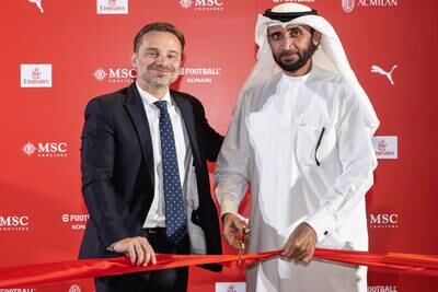AC Milan chief executive Giorgio Furlani and Mohammed Ibrahim Al Shaibani, director general of the Dubai Ruler’s Court, and managing director of the Investment Corporation of Dubai. Photo: AC Milan