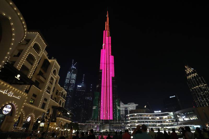 Burj Khalifa and Dubai Fountain lit up with new Eid light show in Dubai on May 11,2021. Pawan Singh / The National