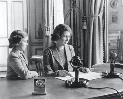 400806 25: (FILE PHOTO) Princess Elizabeth makes her first broadcast, accompanied by her younger sister Princess Margaret Rose October 12, 1940 in London. Buckingham Palace announced that Princess Margaret died peacefully in her sleep at 1:30AM EST at the King Edward VII Hospital February 9, 2002 in London. (Photo by Getty Images)