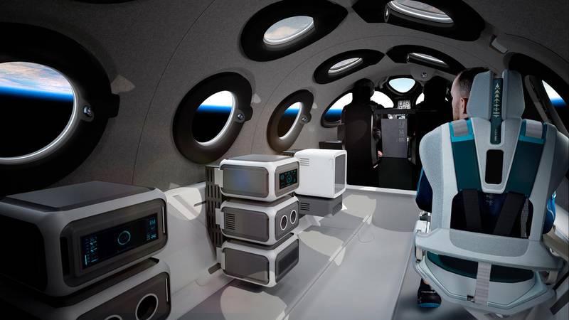 The interior cabin of space tourism firm Virgin Galactic's SpaceShipTwo is seen in an artist's rendition released July 28, 2020. Virgin Galactic/AP