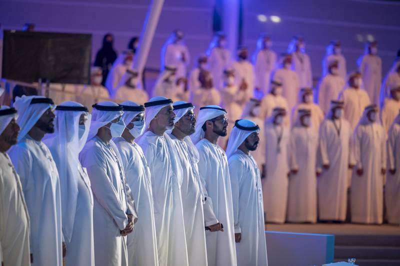 At the Commemoration ceremony were Sheikh Khaled bin Mohamed, member of the Abu Dhabi Executive Council and Chairman of the Abu Dhabi Executive Office; Sheikh Hamed bin Zayed, member of Abu Dhabi Executive Council; Sheikh Khalifa bin Tahnoon, director of the Martyrs' Families' Affairs Office at the Abu Dhabi Crown Prince's Court; Sheikh Nahyan bin Zayed, Chairman of the Board of Trustees of Zayed bin Sultan Al Nahyan Charitable and Humanitarian Foundation; Sheikh Diab bin Zayed; Sheikh Mohamed bin Hamdan; Sheikh Zayed bin Hamdan; and Sheikh Suroor bin Mohamed. Photo: Mohamed Al Hammadi / Ministry of Presidential Affairs