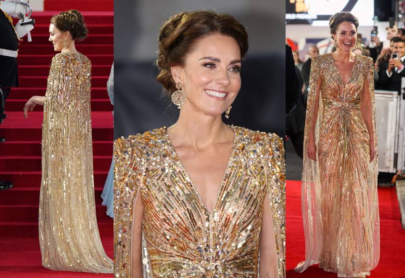 The Duchess of Cambridge's gold Jenny Packham dress stole the show at the 'No Time to Die' world premiere. AFP