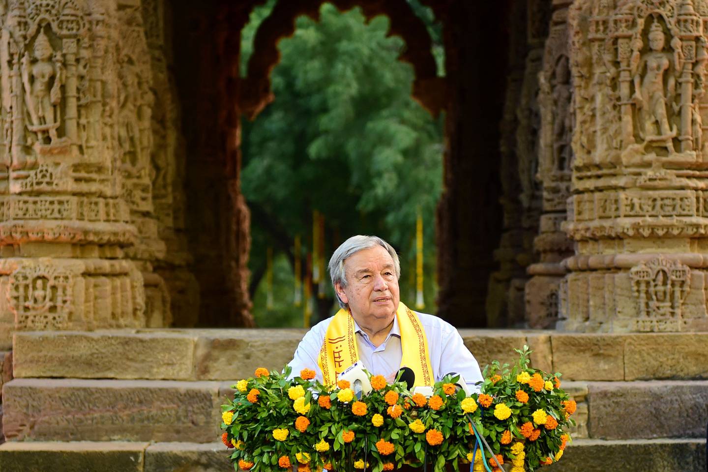 United Nations Secretary General Antonio Guterres speaks during his visit at the Sun Temple in Modhera, in India's Gujarat state on October 20, 2022.  (AFP)