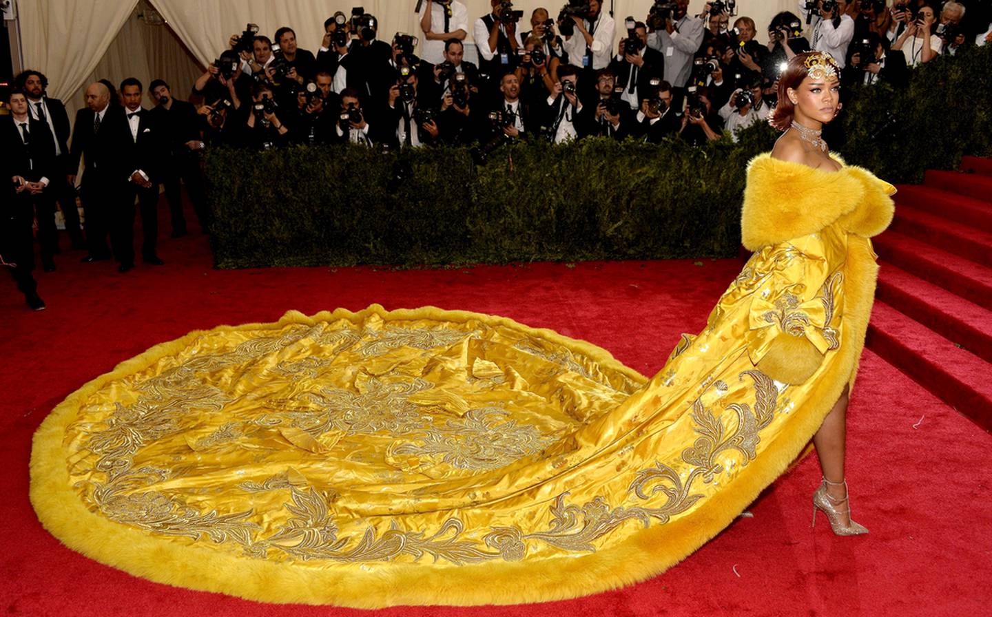 Rihanna in a creation by Chinese designer Guo Pei at the 2015 Met Gala