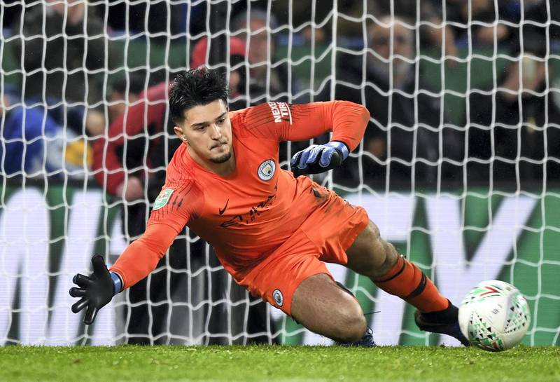 LEICESTER, ENGLAND - DECEMBER 18:  Arijanet Muric of Manchester City makes a save during the penalty shoot-out  during the Carabao Cup Quarter Final match between Leicester City and Manchester United at The King Power Stadium on December 18, 2018 in Leicester, United Kingdom.  (Photo by Shaun Botterill/Getty Images)