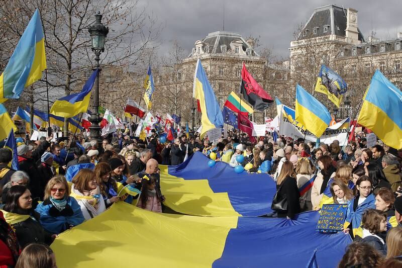 A march in support of Ukraine for the first anniversary of the Russian invasion at Place de la Republique in Paris. EPA