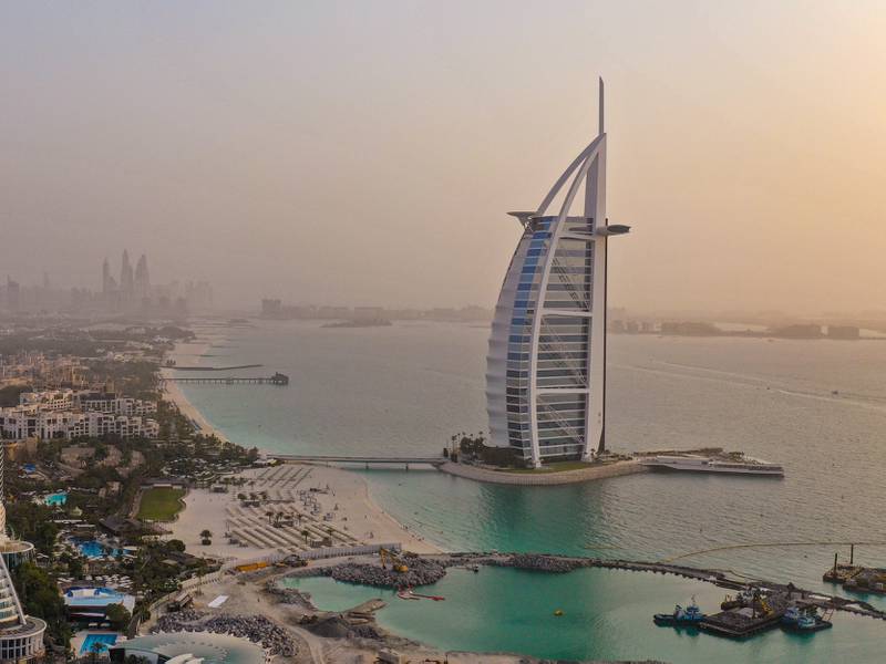 Burj Al Arab in Dubai. Non-oil private companies in the UAE benefitted from a rise in new orders and project work in April. Unsplash